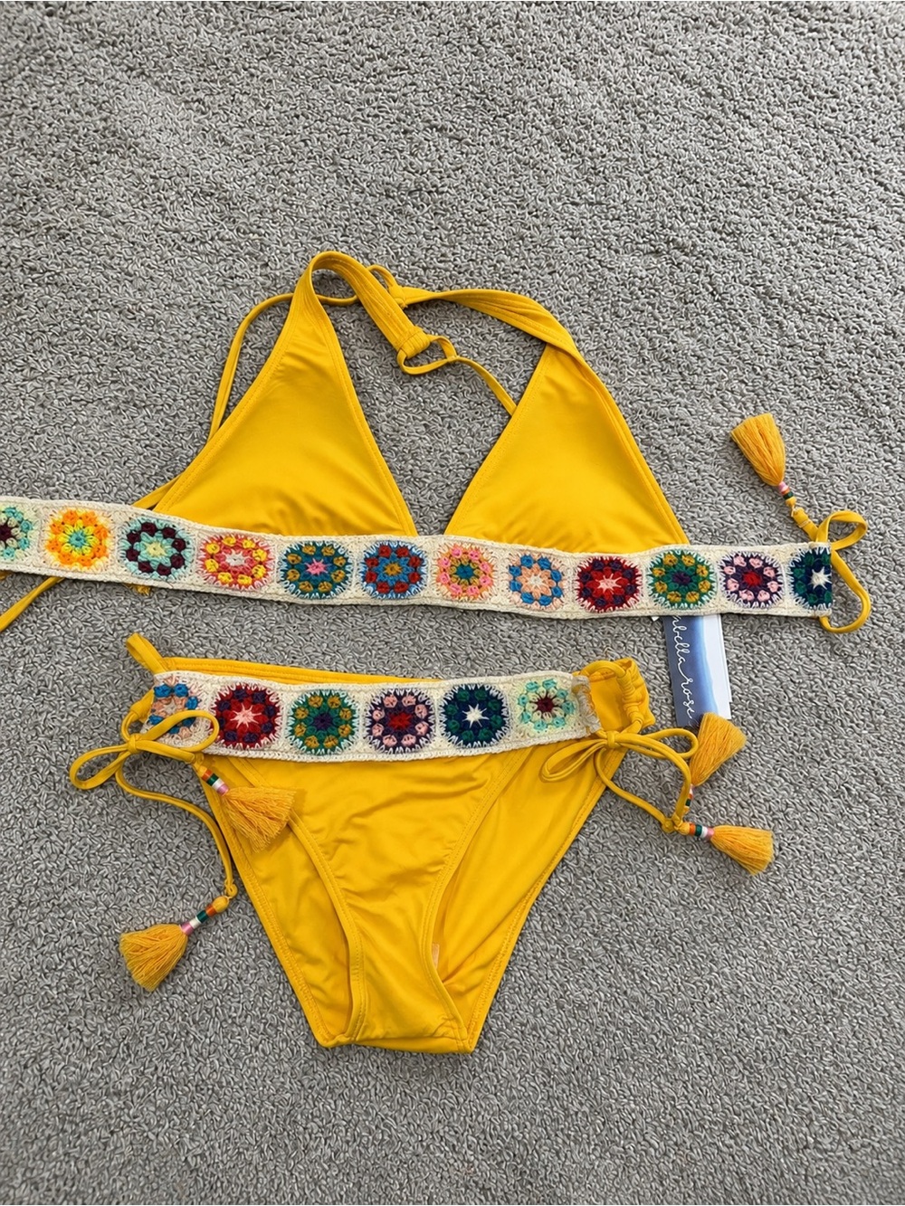 Yellow Crochet-Trim Triangle Bikini Set